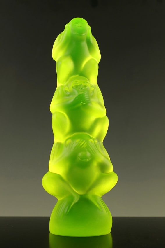 Art Deco Vaseline Uranium Glass 3 Wise Monkeys - See no, Hear no, Speak no Evil: This piece is a great addition to collection or a great gift. Top Quality Vaseline Uramium Glass. This piece was made in Bohemia from ORIGINAL antique molds that were used during the 1930's - 1939's. 