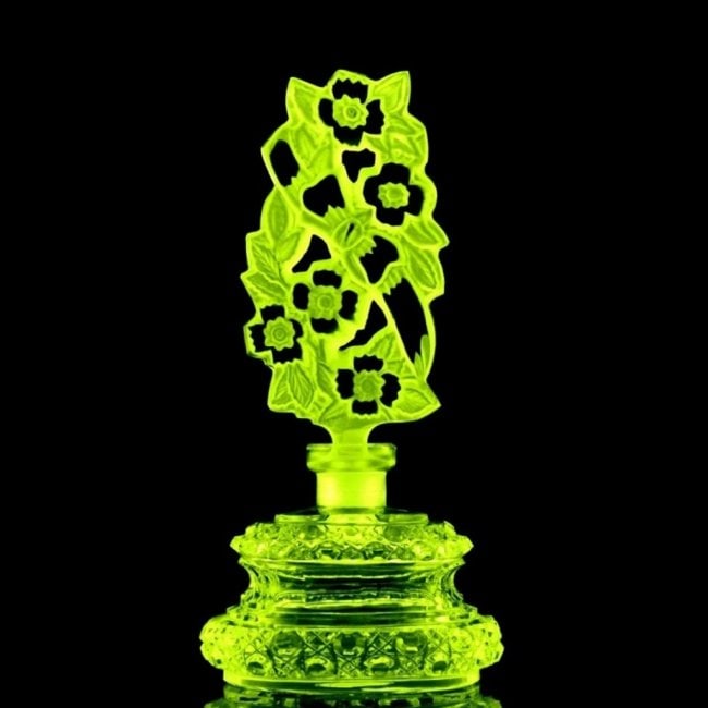 Art Deco 1930' Bohemian Vaseline Uranium Glass Collectible Perfume Bottle: Top Quality Art Deco Vaseline Glass Perfume Bottle. This piece was made in Bohemia from ORIGINAL antique molds that were used during the 1930's - 1939's. It is breathtaking high quality satin finish g