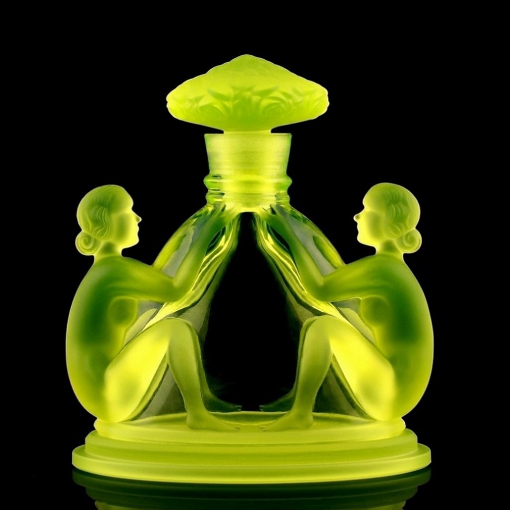 Art Deco Vaseline Uranium Glass Collectible Perfume Bottle 1930' H.Hoffmann: This piece is a great addition to collection or a great gift. Top Quality Art Deco Vaseline Uranium Glass Perfume Bottle. This piece was made in Bohemia from ORIGINAL antique molds that were used duri