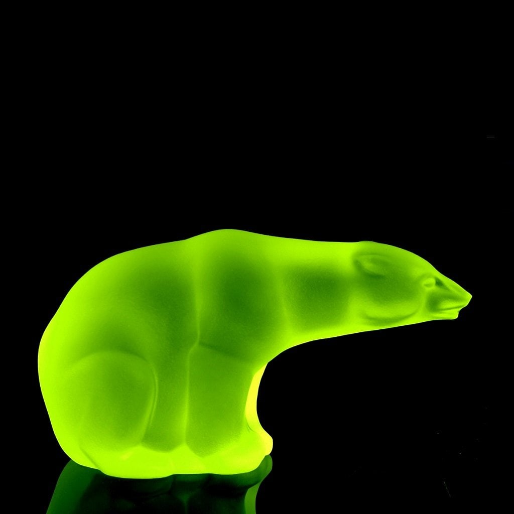 Art Deco Bohemian Uranium Glass ' Polar Bear ' Collectible Figurine 1930' H.Hoffmann: Top Qality Art Deco Uranium Glass Figurine. This piece was made in Bohemia from the ORIGINAL antique vintage molds that was used back in 1930's. It is BREATHTAKING high quality satin finish glass figu