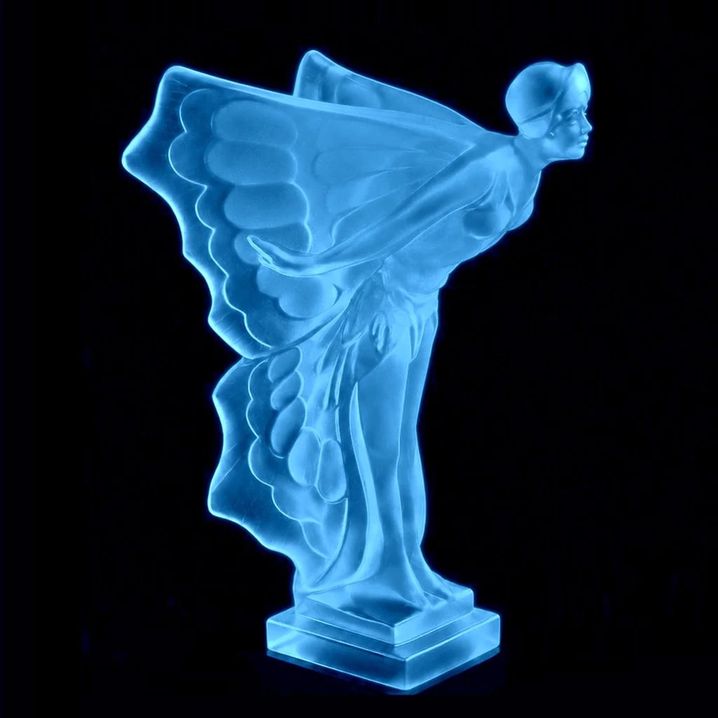 Art Deco Rolls Royce Flying Lady Blue Glass Sculpture Hood Ornament 1930' H. Hoffmann: Top Quality Blue Glass Car Mascot. This piece was made in Bohemia from ORIGINAL antique vintage molds that were used during the 1930's - 1939's. It is BREATHTAKING high quality satin finish glass scul