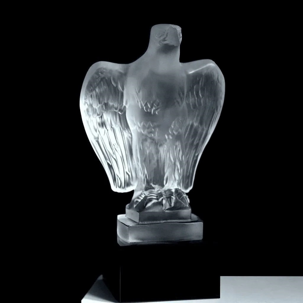 Glamorous Art Deco Glass Figurine ' Eagle ' Hood Ornament Sculpture 1930' H. Hoffmann: This piece is a great addition to collection or a great gift. Timeless design - Top Qality Collectible Art Deco Glass Car Mascot ' Eagle ' Hood Ornament Statue. This piece was made in Bohemia from the