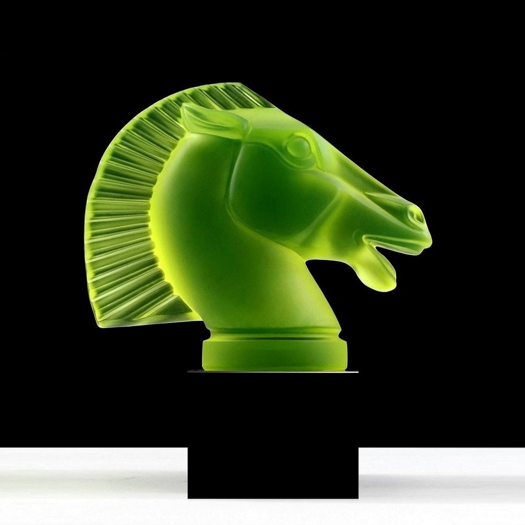 Art Deco Vaseline Uranium Glass ' Longchamp ' Head Horse Sculpture 1930' H.Hoffmann by Lalique: This piece is a great addition to collection or a great gift. Timeless design - Top Qality Art Deco Vaseline Art Glass Car Mascot Hood Ornament, Emblem , Figurine. This piece was made in Bohemia from 