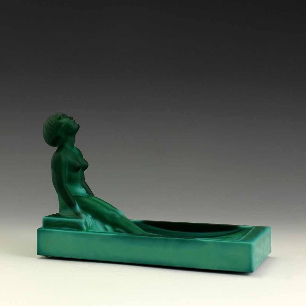 Art Deco Malachite Glass Jewelry Bowl 1930' H.Hoffmann: This piece is a great addition to collection or a great gift. Timeless design - Top Qality Art Deco Malachite Glass Bowl. This piece was made in Bohemia from the ORIGINAL antique vintage molds that wa