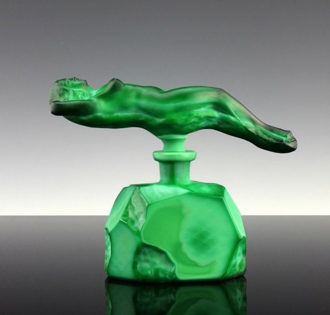 Art Deco Jade Malachite Glass Collectible Perfume Bottle 1930' H.Hoffnann: Top Quality Art Deco Malachite Glass Perfume Bottle. This piece was made in Bohemia from ORIGINAL antique molds that were used during the 1930's - 1939's. It is breathtaking high quality satin finish 