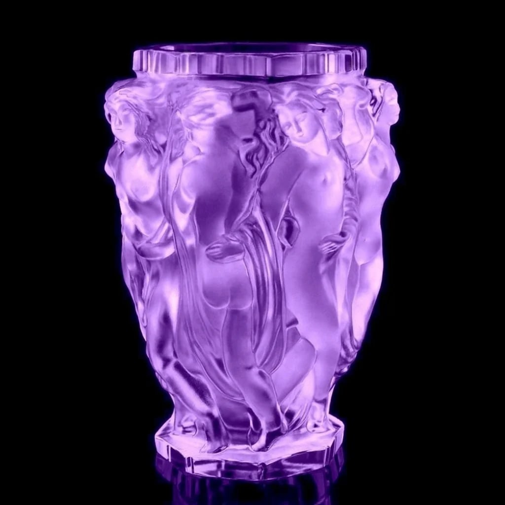 Art Deco Alexandrite Glass Bacchantes Vase 1930' H.Hoffmann by Lalique: Top Quality Alexandrite Glass Vase with raised figures of revelling bacchantes around the full circumference exhibiting excellent colour and detail. This piece was made in Bohemia from ORIGINAL antiqu