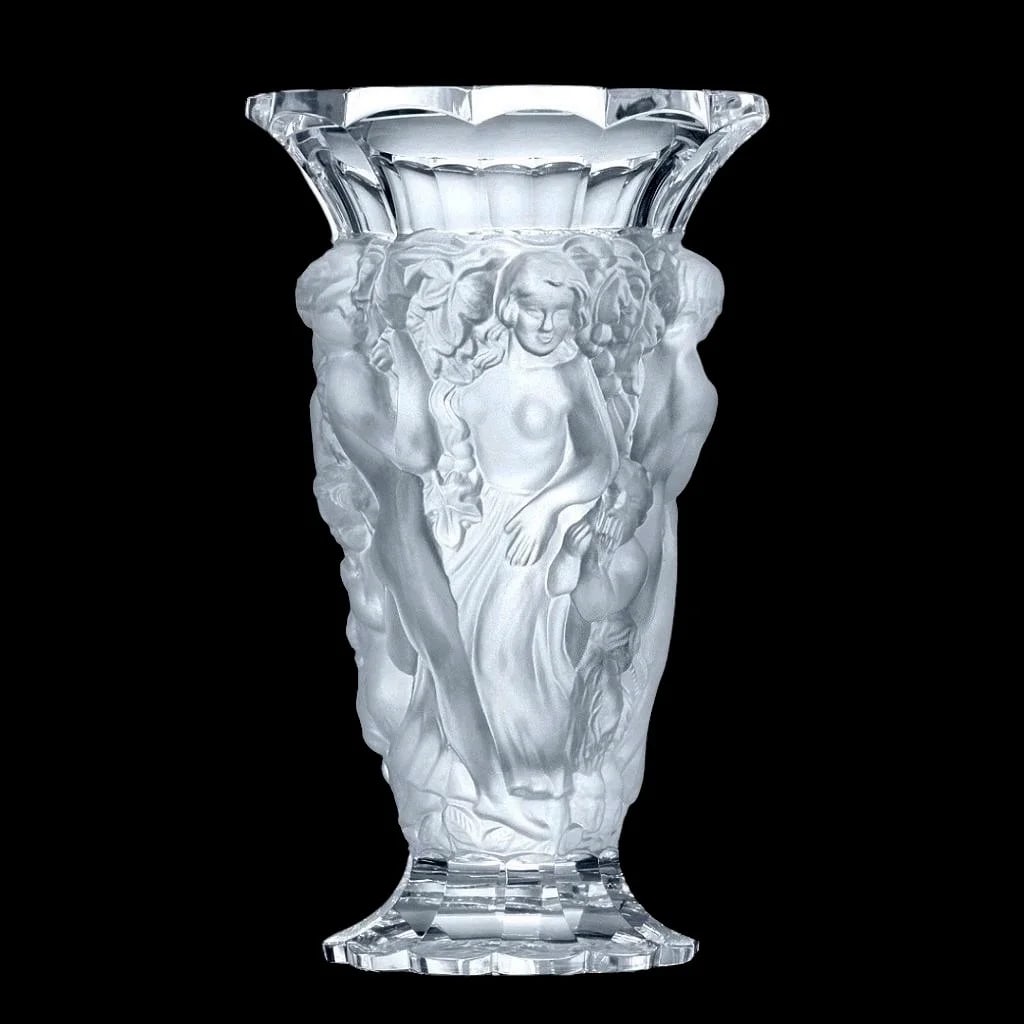 Fench Art Deco Satin Clear Glass Large Vase 1930' H.Hoffmann: This piece is a wonderful addition to any Art Deco or art glass collection and also makes an exceptional gift. A top-quality clear frosted glass vase featuring beautifully raised figures of revelling 