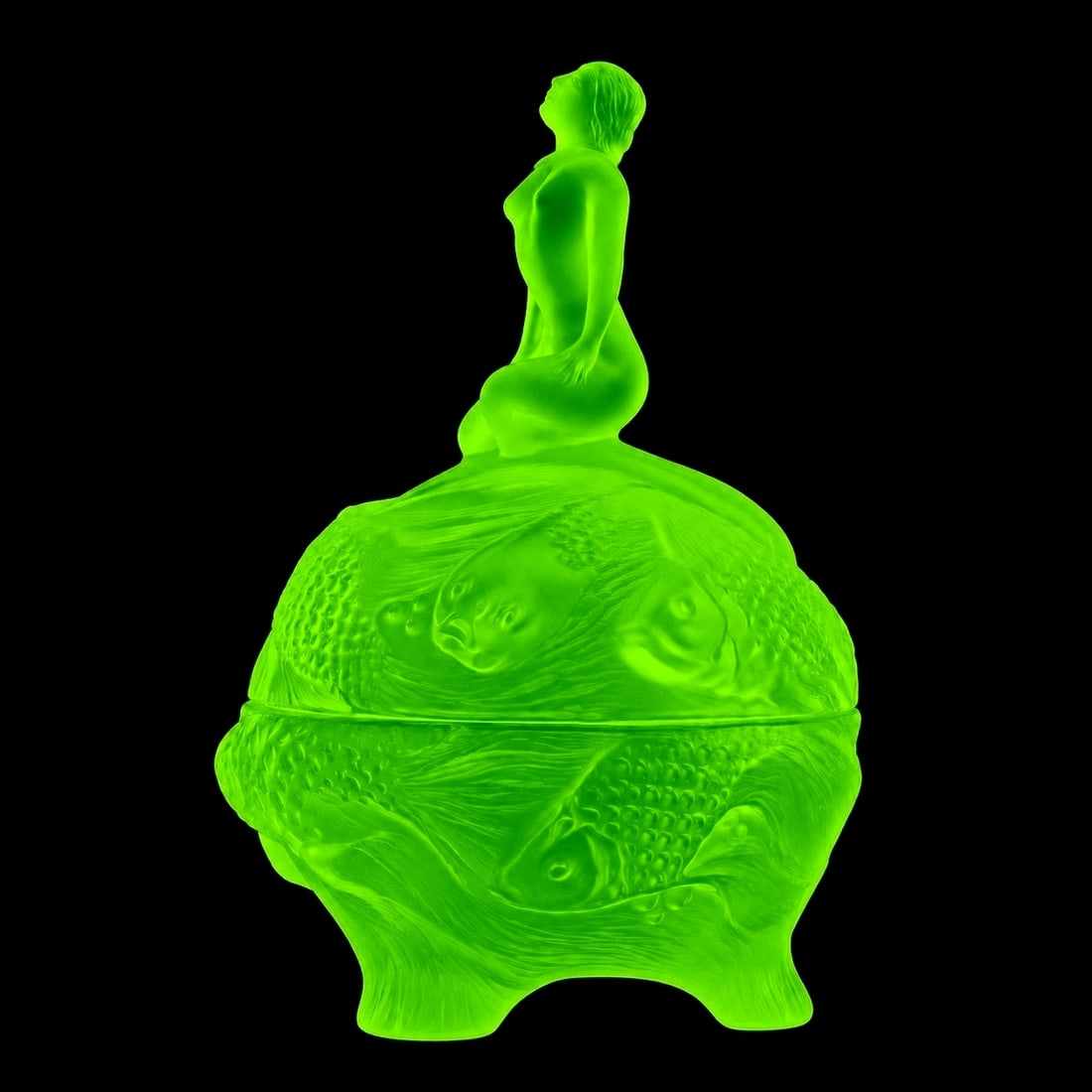 Art Deco Vaseline Uranium Glass Mermaid & Fish Jewelry Box Trinket Dish 1930' H. Hoffmann: This piece is a great addition to collection or a great gift. Uranium glass jewelry box made of beautiful Yellow Vaseline glass with a high-quality satin finish. Under UV light, the glass produces a s