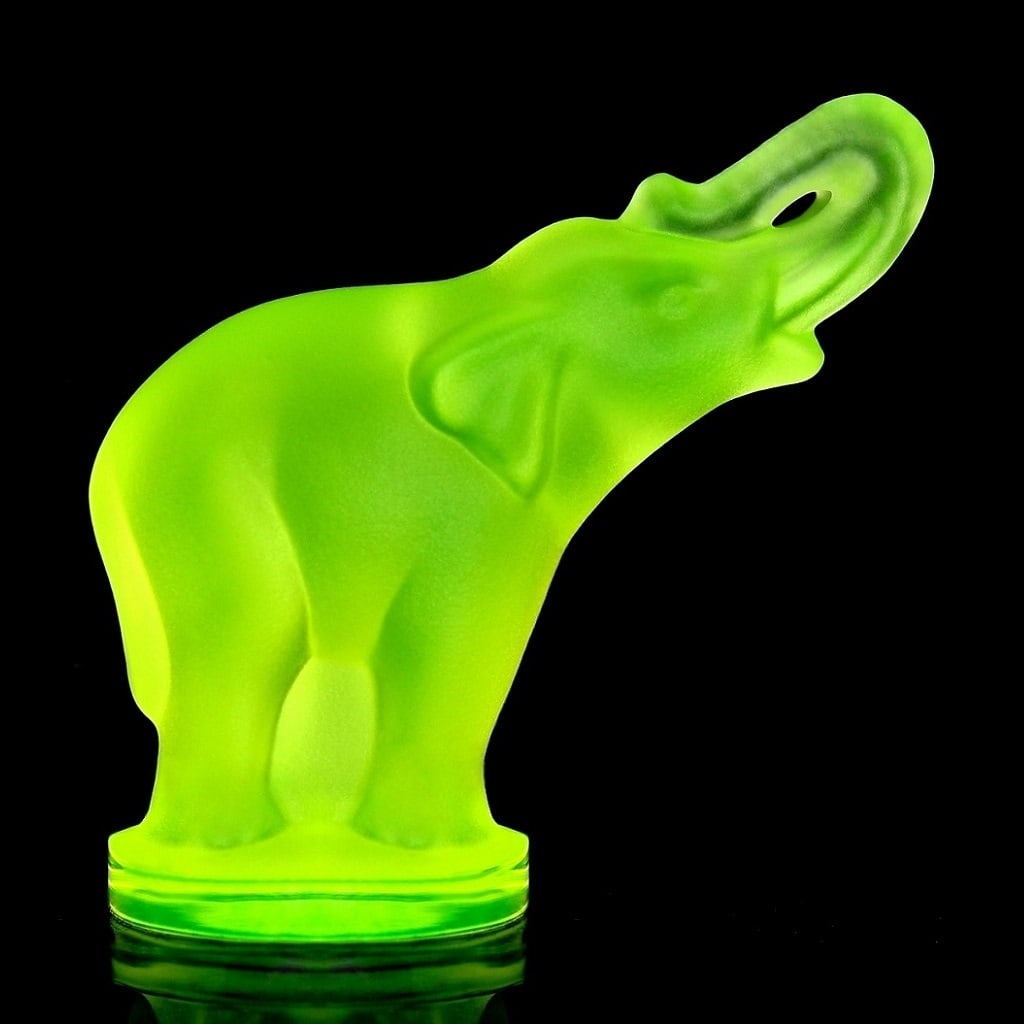 Art Deco Vaseline Uranium Glass Elephant Figurine 1930' H.Hoffmann: Top Qality Art Deco Vaseline Uranium Glass Figurine. This piece was made in Bohemia from the ORIGINAL Antique molds that was used back in 1930's. It is BREATHTAKING high quality satin finish glass scu