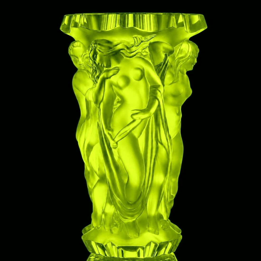 Glamorous Art Deco Vaseline Uranium Glass Bacchantes Large Vase 1930' H. Hoffmann: Art Deco Vaseline Uranium Glass Vase. This piece was made in Bohemia from the ORIGINAL antique molds that was used back in 1930's - 1939's. It is BREATHTAKING high quality satin finish glass in stylis