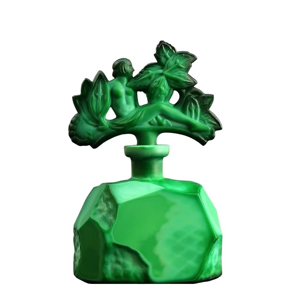 Art Deco Bohemian Jade Malachite Perfume Bottle 1930' H.Hoffnann: This piece is a great addition to collection or a great gift. Timeless design - Top Qality Art Deco Malachite Glass Perfume Bottle. This piece was made in Bohemia from ORIGINAL antique vintage molds t