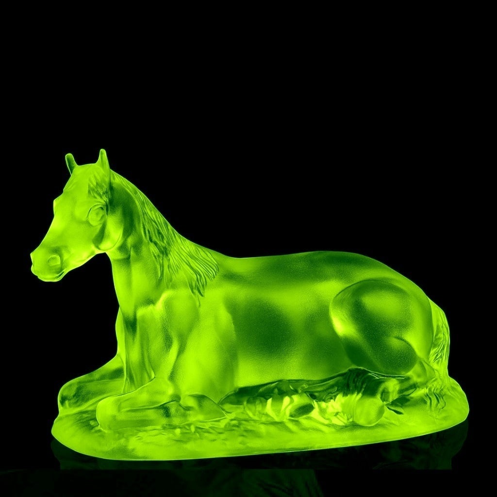 Art Deco Vaseline Uranium Glass Horse Sculpture 1930' H.Hoffmann: Top Qality Art Deco Uranium Collectible Glass Figurine. This piece was made in Bohemia from the ORIGINAL Antique molds that was used back in 1930's. It is BREATHTAKING high quality satin finish glass 