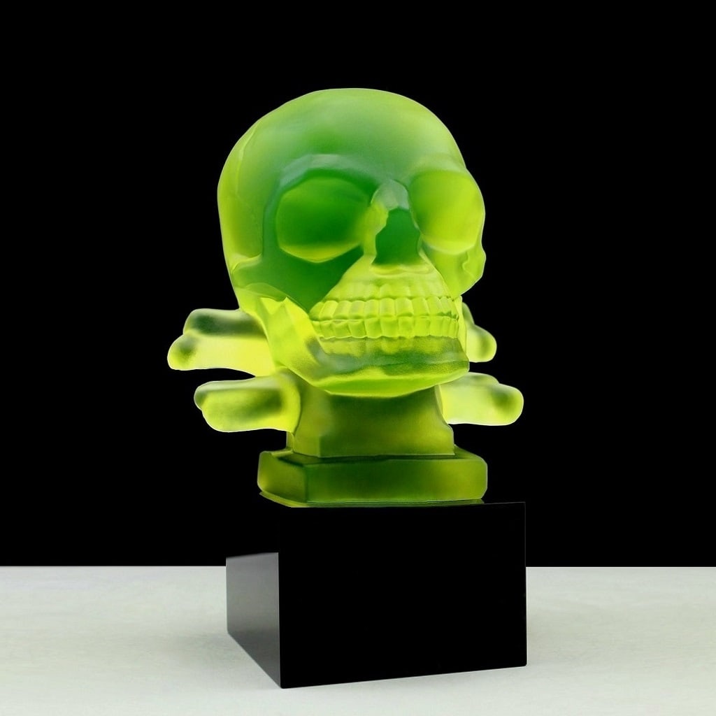 Art Deco Hood Ornament Skull Uranium Glass Sculpture 1930' H. Hoffmann: This uranium glass Skull hood ornament was produced in Bohemia from original period molds created by H. Hoffmann around 1930. It reflects a time when sculptural hood ornaments served as expressive aut