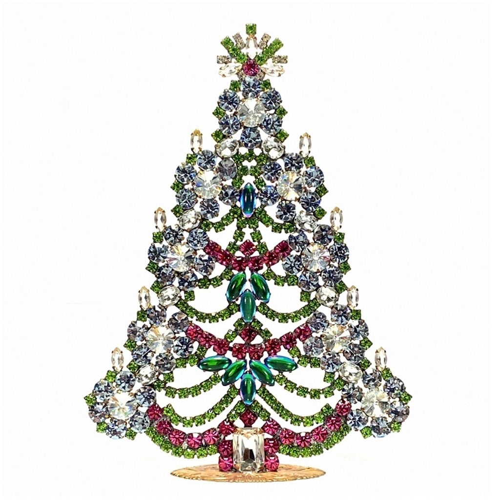 Large Glass Christmas Tree Vintage Czech Rhinestone Holiday Decor: Beautiful vintage standing Christmas tree. A charming vintage Christmas decoration, perfect for collectors or as a special holiday gift. Height: 7 1/2" (19 cm). Fast worldwide delivery: 2–5 days.