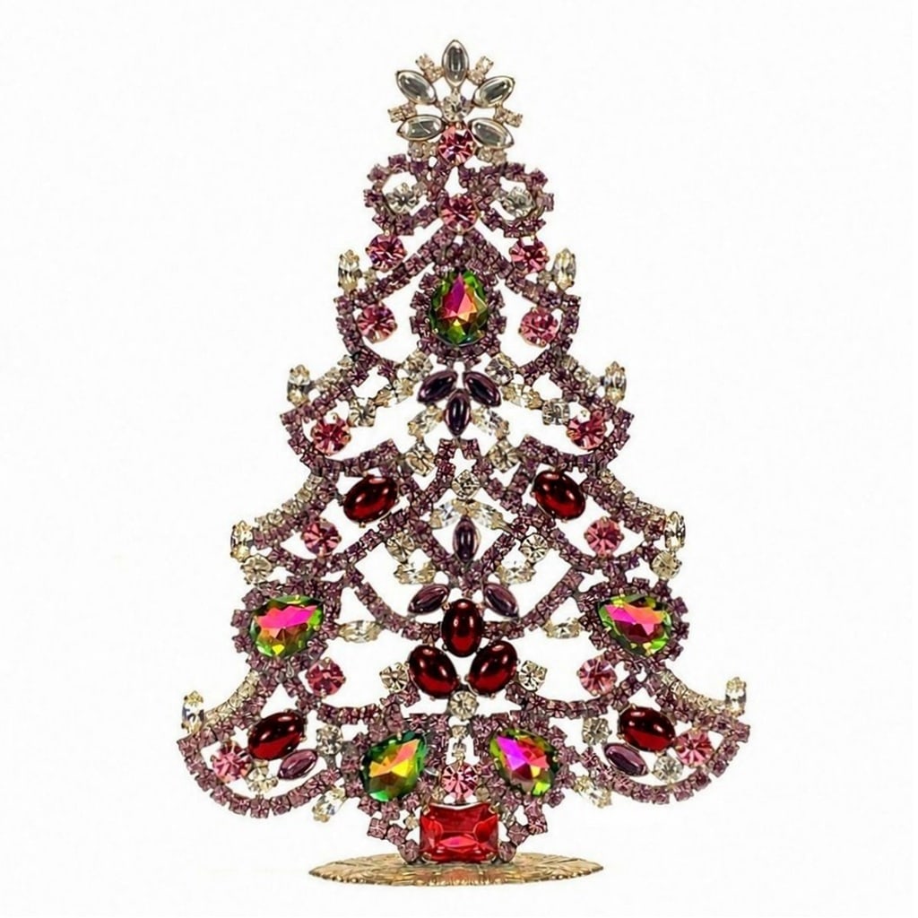 Large Glass Christmas Tree Vintage Czech Rhinestone Holiday Decor: Beautiful vintage standing Christmas tree. A charming vintage Christmas decoration, perfect for collectors or as a special holiday gift. Height: 7 1/2" (19 cm). Fast worldwide delivery: 2–5 days.