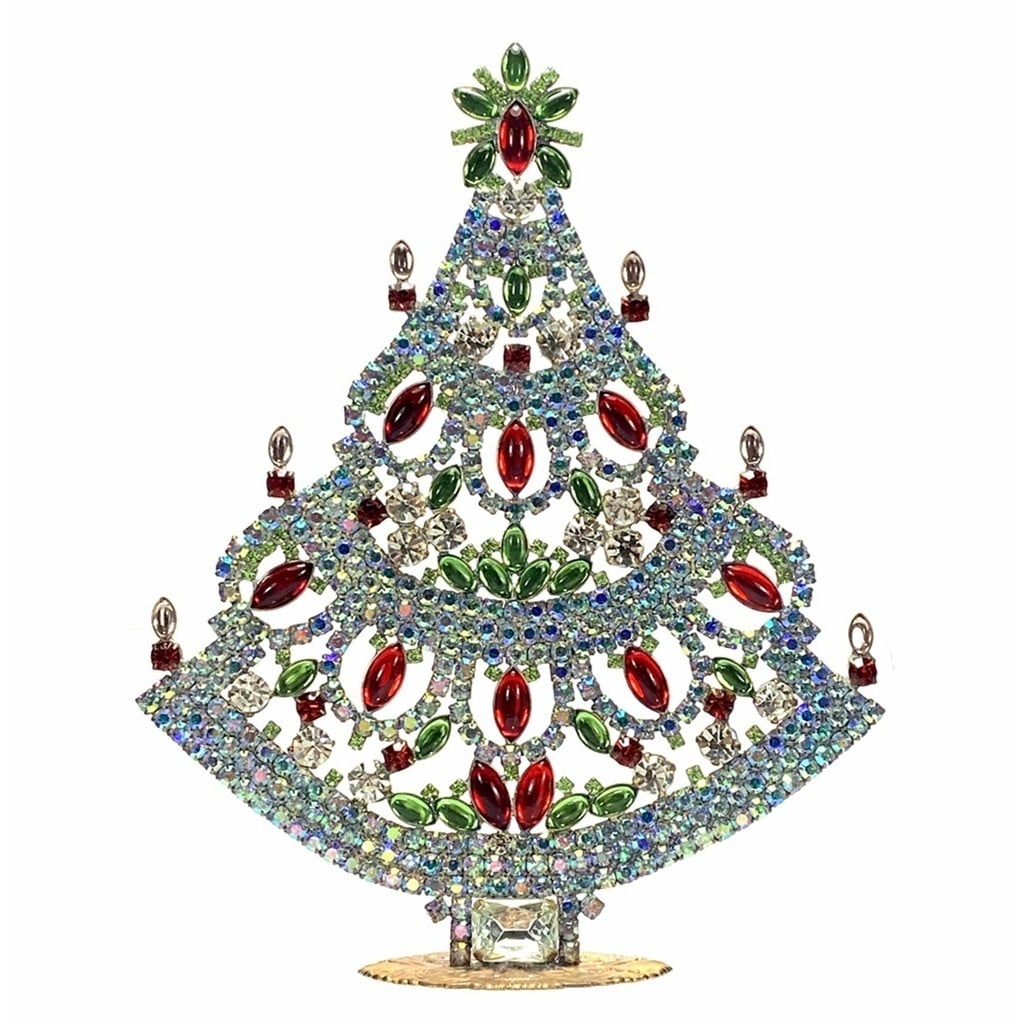Large Glass Christmas Tree Vintage Czech Rhinestone Holiday Decor: Beautiful vintage standing Christmas tree. A charming vintage Christmas decoration, perfect for collectors or as a special holiday gift. Height: 8" (20 cm). Fast worldwide delivery: 2–5 days.