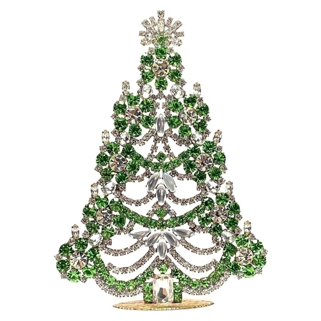 Large Glass Christmas Tree Vintage Czech Rhinestone Holiday Decor: Beautiful vintage standing Christmas tree. A charming vintage Christmas decoration, perfect for collectors or as a special holiday gift. Height 7 1/2'' ( 19 cm ). Fast worldwide delivery: 2–5 days.