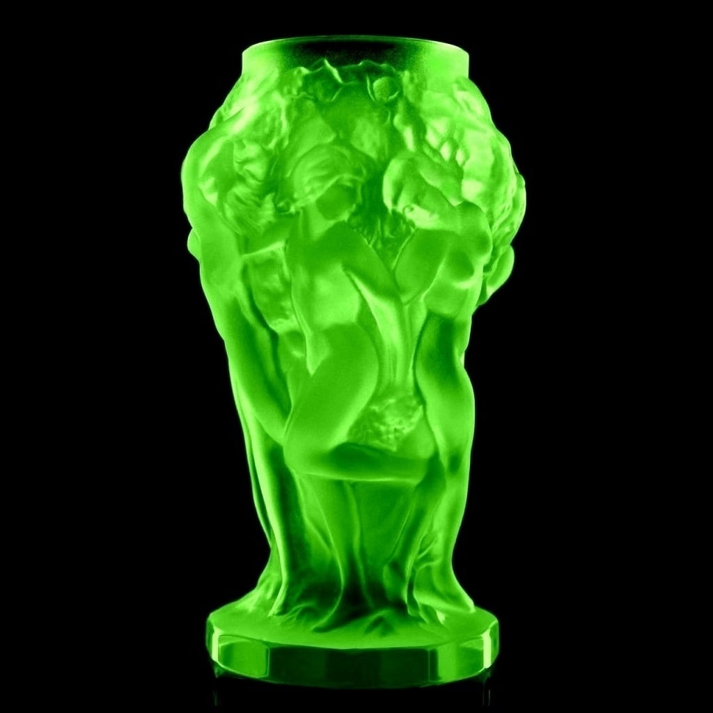 Art Deco Green Uranium Glass Bacchantes Vase H. Hoffmann by Lalique: This piece is a wonderful addition to any collection or a truly unique gift. Timeless French Art Deco Design. Made in Bohemia from ORIGINAL antique vintage molds used during the 1930s, this exceptiona
