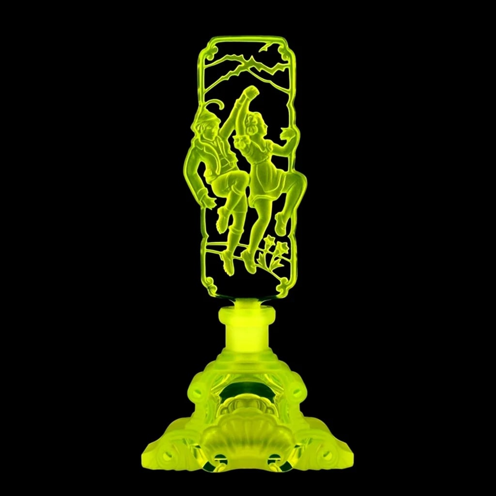 Art Deco Uranium Glass Bohemian Perfume Bottle 1930' H.Hoffmann: A stunning Bohemian uranium glass perfume bottle featuring an elegant Art Deco design and a beautiful satin-finish surface. Under UV light, the uranium glass produces a wonderfully vibrant glow, makin
