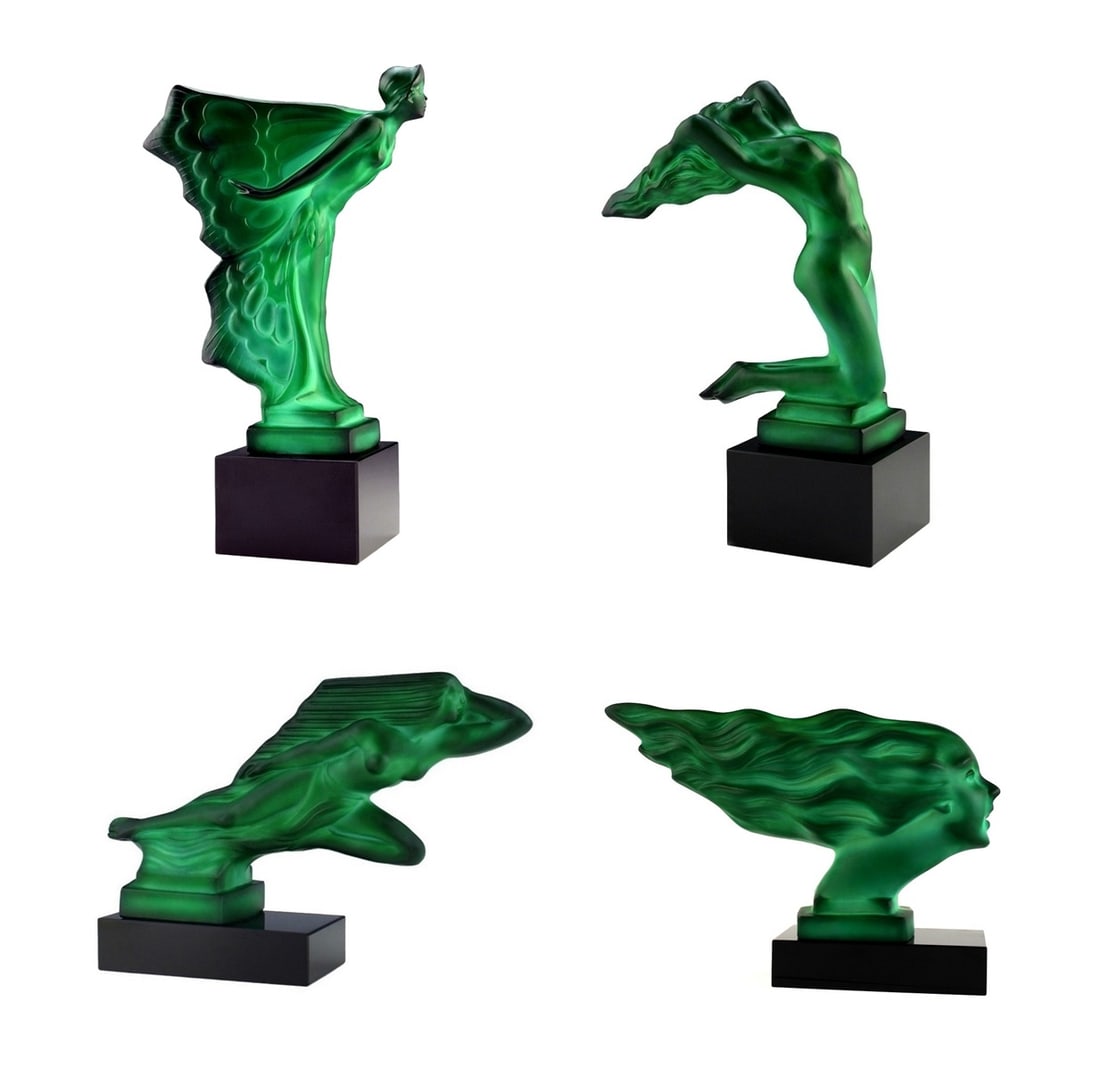 Art Deco Malachite Glass Hood Ornament Sculptures 1930' H.Hoffmann, Set of 4 (1 of 2)