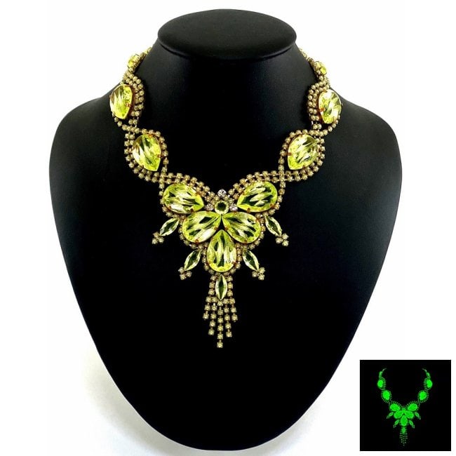 Art Deco Vaseline Uranium Glass Vintage Necklace: Really nice piece that glows beautifully under UV light. All the stones in this necklace are from uranium glass. Made in Czechoslovakia. Dimensions: Measures 17 1/4" including extender and clasp. Adju