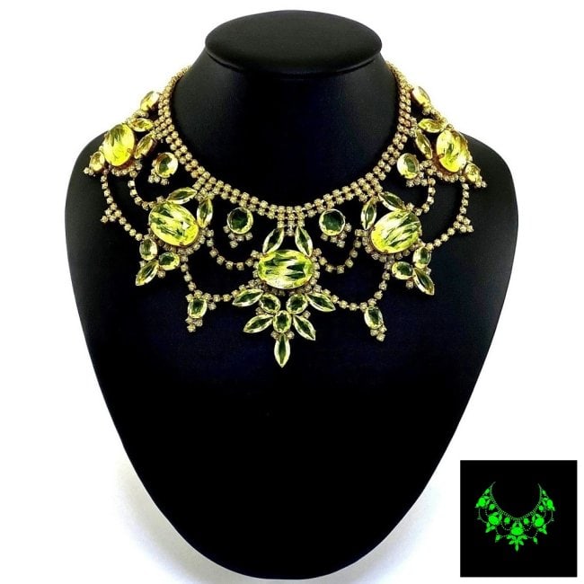 Art Deco Vaseline Uranium Glass Vintage Necklace: Really nice piece that glows beautifully under UV light. All the stones in this necklace are from uranium glass. Made in Czechoslovakia. Dimensions: Measures 18" including extender and clasp. Adjustab