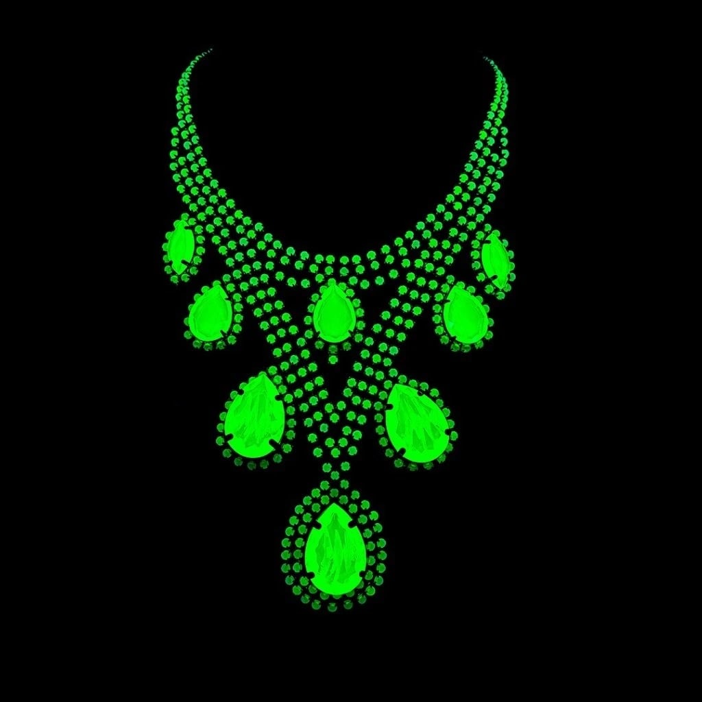 Art Deco Vaseline Uranium Glass Vintage Necklace: Really nice piece that glows beautifully under UV light. All the stones in this necklace are from uranium glass. Made in Czechoslovakia. Dimensions: Measures 19" including extender and clasp. Adjustab