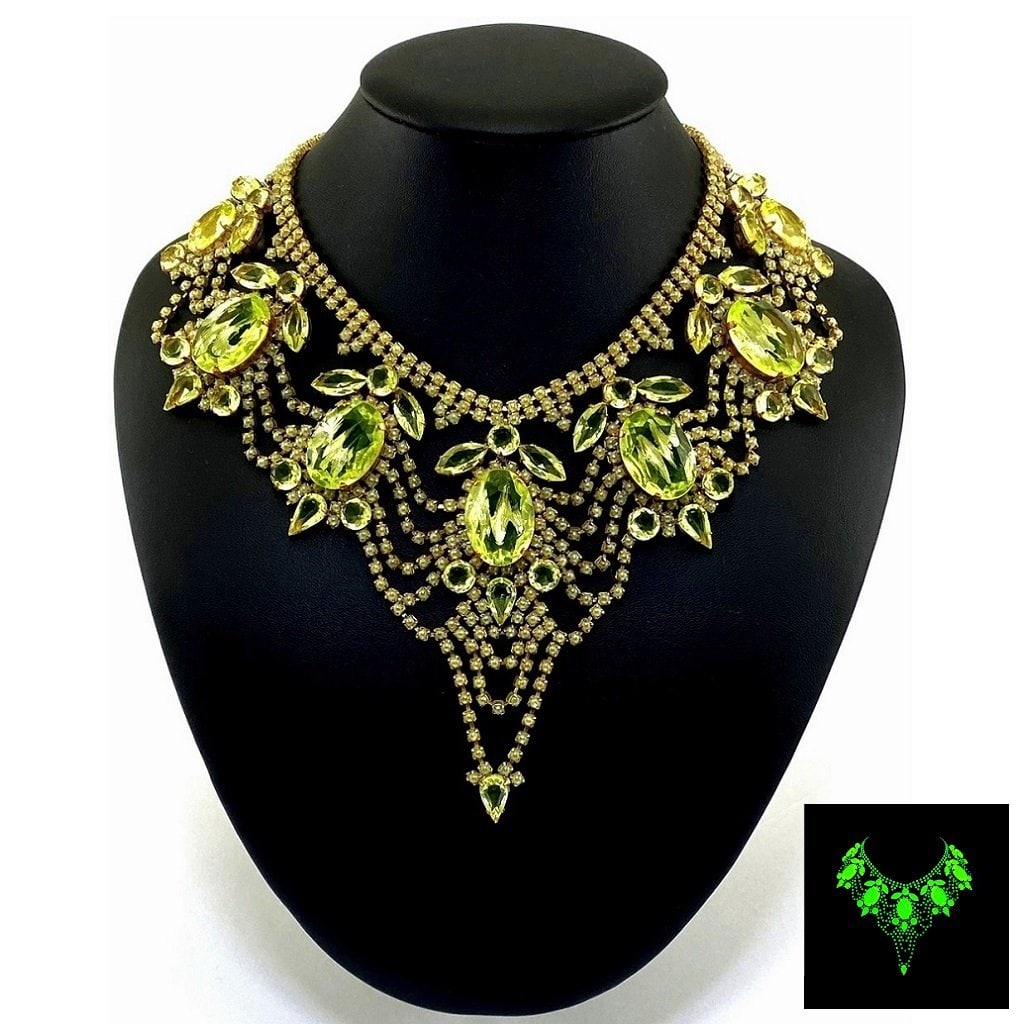 Art Deco Vaseline Uranium Glass Vintage Necklace: Really nice piece that glows beautifully under UV light. All the stones in this necklace are from uranium glass. Made in Czechoslovakia. Dimensions: Measures 18" including extender and clasp. Adjustab