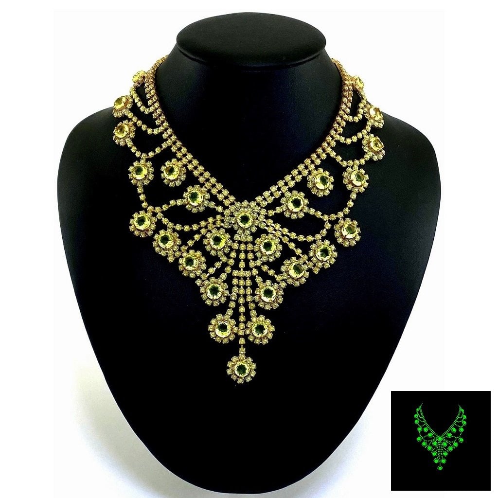 Art Deco Vaseline Uranium Glass Vintage Necklace: Really nice piece that glows beautifully under UV light. All the stones in this necklace are from uranium glass. Made in Czechoslovakia. Dimensions: Measures 19 1/2" including extender and clasp. Adju
