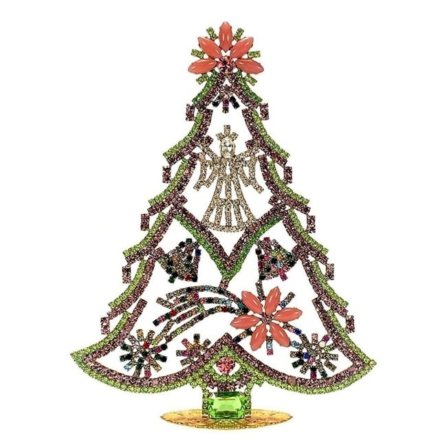 Large Glass Christmas Tree Vintage Czech Rhinestone Holiday Decor: Beautiful vintage standing Christmas tree. A charming vintage Christmas decoration, perfect for collectors or as a special holiday gift. Height: 8" (20 cm). Fast worldwide delivery: 2–5 days.