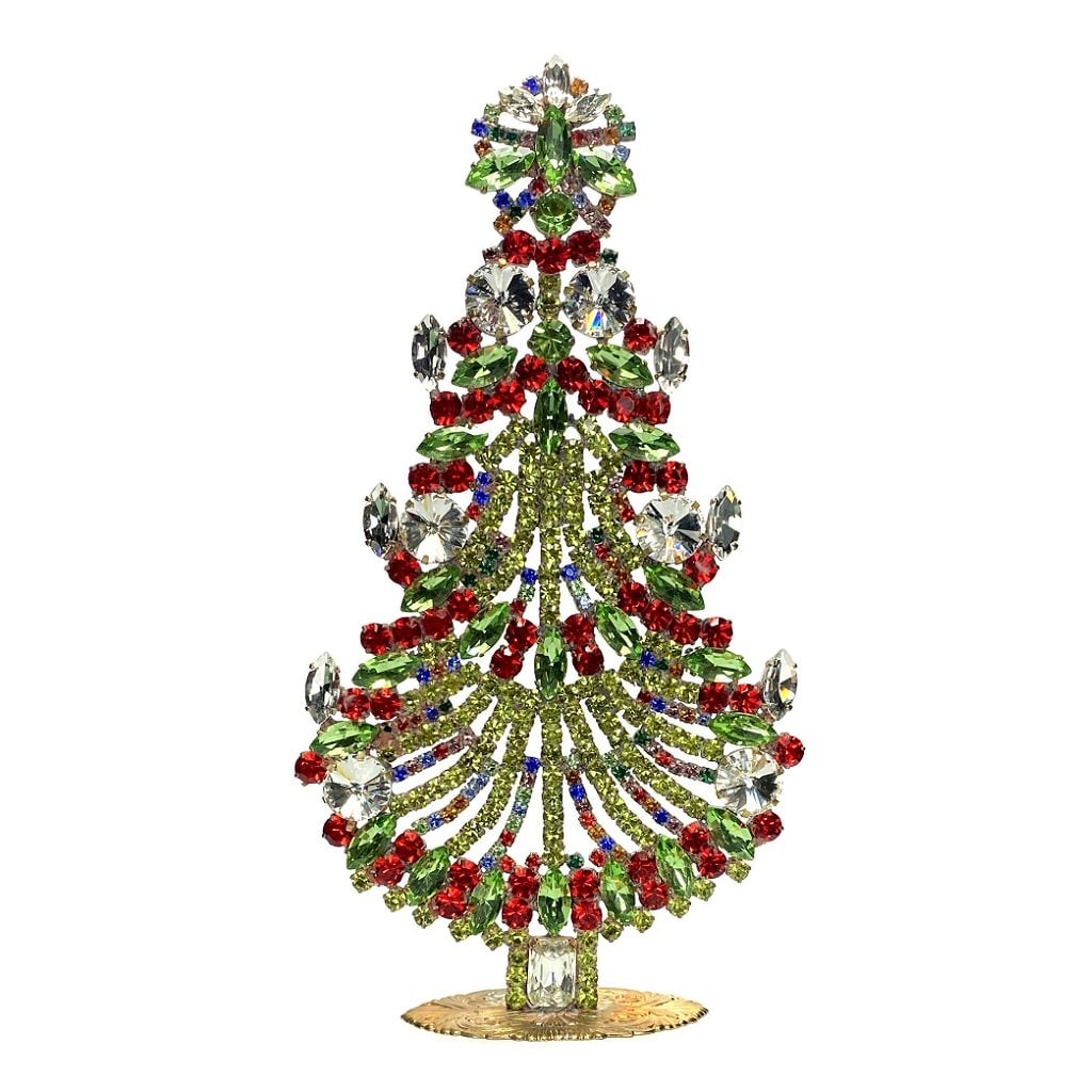 Large Glass Christmas Tree Vintage Czech Rhinestone Holiday Decor: Beautiful vintage standing Christmas tree. A charming vintage Christmas decoration, perfect for collectors or as a special holiday gift. Height: 8" (20 cm). Fast worldwide delivery: 2–5 days.