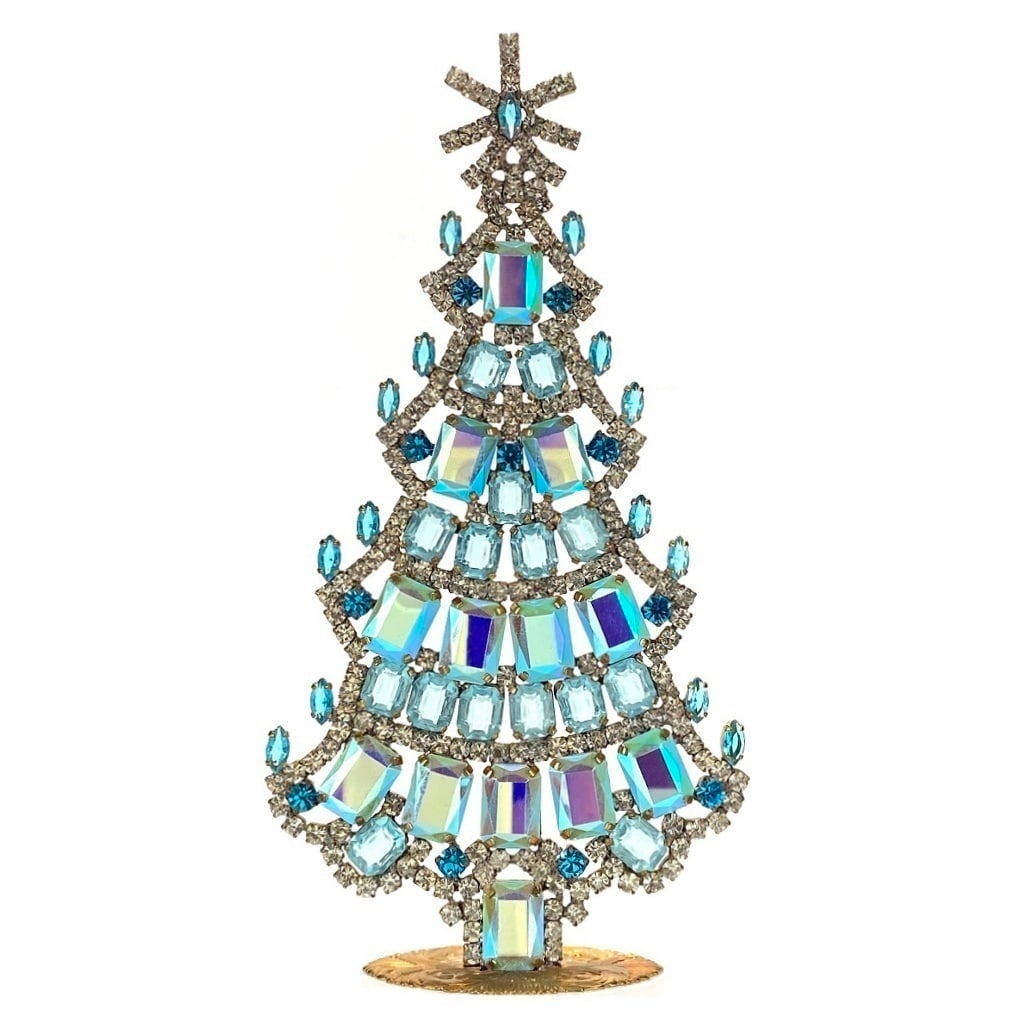 Large Glass Christmas Tree Vintage Czech Rhinestone Holiday Decor: Beautiful vintage standing Christmas tree. A charming vintage Christmas decoration, perfect for collectors or as a special holiday gift. Height: 8" (20 cm). Fast worldwide delivery: 2–5 days.