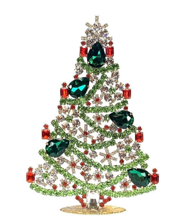 Large Glass Christmas Tree Vintage Czech Rhinestone Holiday Decor: Beautiful vintage standing Christmas tree. A charming vintage Christmas decoration, perfect for collectors or as a special holiday gift. Height 7 1/2 '' ( 19 cm ). Fast worldwide delivery: 2–5 days.