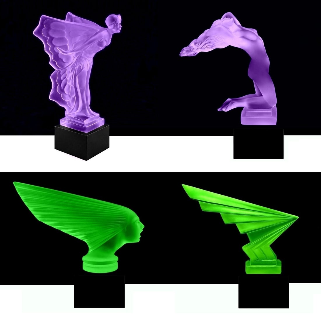 Glamorous Art Deco Glass Sculptures 1930' H.Hoffmann: These four pieces are a great addition to any collection and also make a wonderful gift. Two pieces are made of alexandrite glass, and two are made of green uranium glass. These pieces were made in Bo
