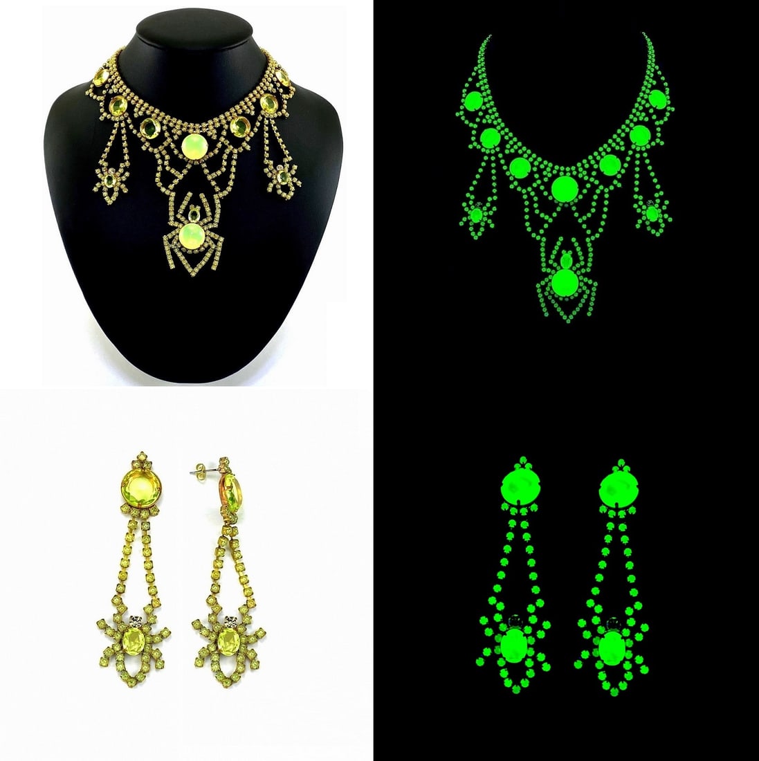 Art Deco Vaseline Uranium Glass Vintage Necklace & Earrings Spider Jewelry Set: Vintage Art Deco necklace and matching earrings featuring uranium glass stones. Made in Czechoslovakia. All stones glow beautifully under UV light. Necklace: 20" (50.8 cm) including extender and clasp