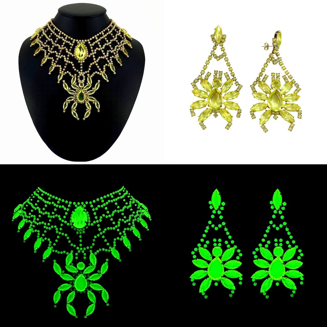 Art Deco Vaseline Uranium Glass Vintage Necklace & Earrings Spider Jewelry Set: Vintage Art Deco necklace and matching earrings featuring uranium glass stones. Made in Czechoslovakia. All stones glow beautifully under UV light. Necklace: 17 1/2" (45 cm) including extender and cla