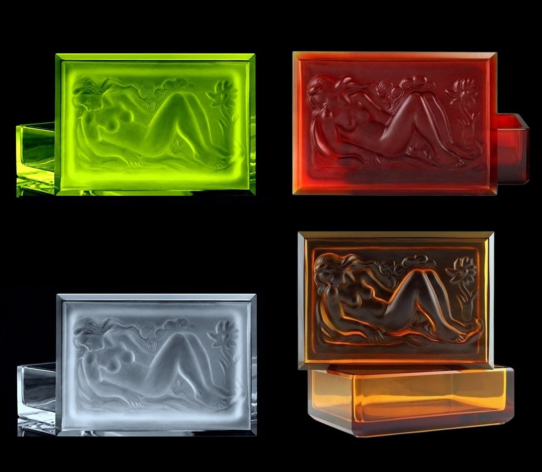 Art Deco Odalisque Glass Jewelry Boxes Set (4 pcs), 1930' H.Hoffmann: A set of four Art Deco glass jewelry boxes featuring an elegant Odalisque relief. These pieces were made in Bohemia from the ORIGINAL antique molds that were used between 1930 and 1939.The set include