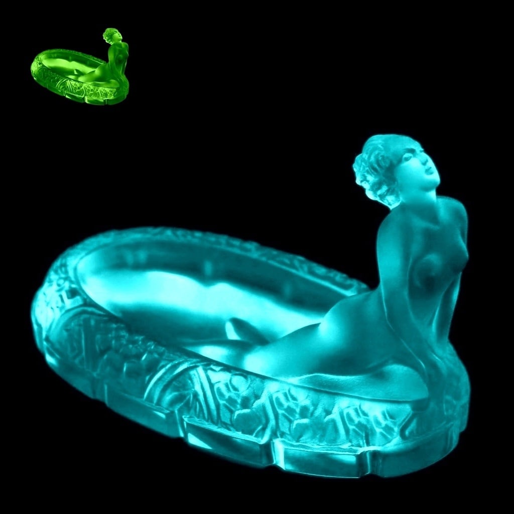 Large Art Deco Rare Blue Uranium Glass Bowl 1930' H.Hoffmann by Lalique: Top Quality Art Deco Blue Uranium Glass Bowl. This piece was made in Bohemia from ORIGINAL antique vintage molds that were used during the 1930's - 1939's. It is breathtaking high quality satin finish