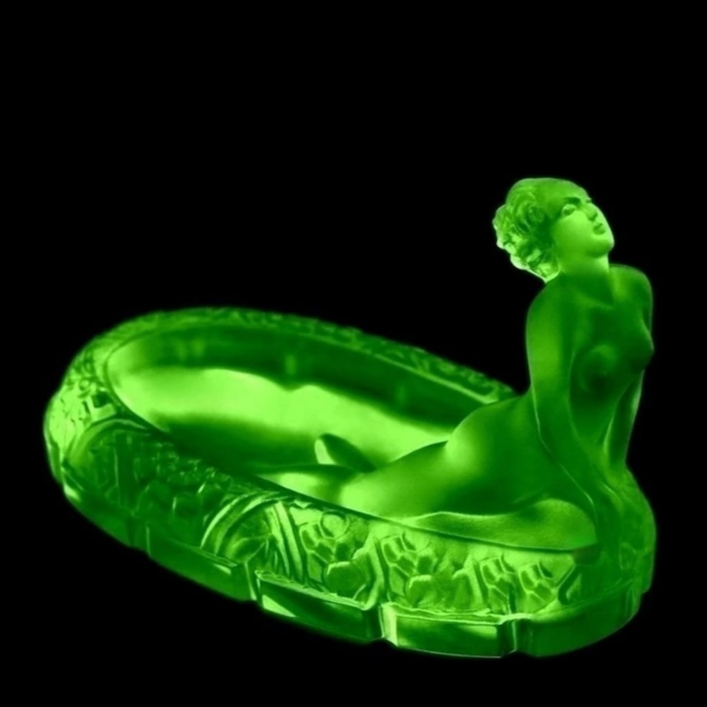 Large Art Deco Green Uranium Glass Bowl 1930' H.Hoffmann by Lalique: Top Quality Art Deco Glass Large Bowl. This piece was made in Bohemia from ORIGINAL antique vintage molds that were used during the 1930's - 1939's. It is breathtaking high quality satin finish glass 