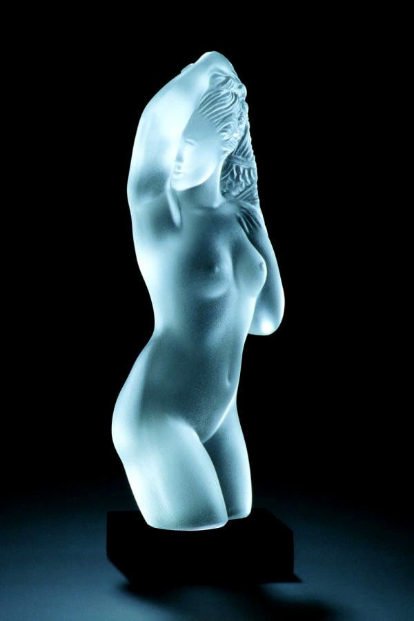 FROSTED GLASS CAR MASCOT ON BLACK PLINTH: Product from the ORIGINAL Antique molds that was used back in 1930’s. It is BREATHTAKING high quality satin finish glass sculpture in stylish Art Deco design. Really nice piece that glows beautifull