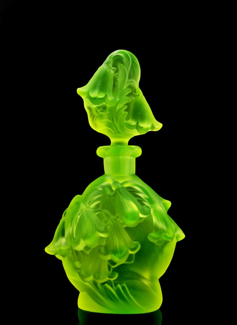 Bohemian Art Deco Vaseline Glass Perfume Bottle: Bohemian Art Deco Vaseline Glass Perfume Bottle Design:H.HoffmannBohemian Art Deco "Perfume Bottle" handmade by bohemian craftsmen art deco frosted glass. Product from the ORIGINAL Antique molds that 
