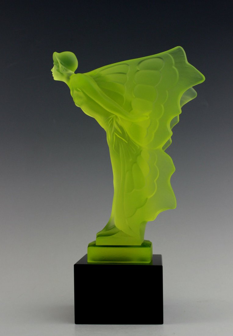 FROSTED GLASS CAR MASCOT ON BLACK PLINTH: Bohemian Art Deco Vaseline Glass, handmade by bohemian craftsmen Art Deco frosted glass. This is hand made piece from Bohemia.Product from the ORIGINAL Antique molds that was used back in 1930’.Real