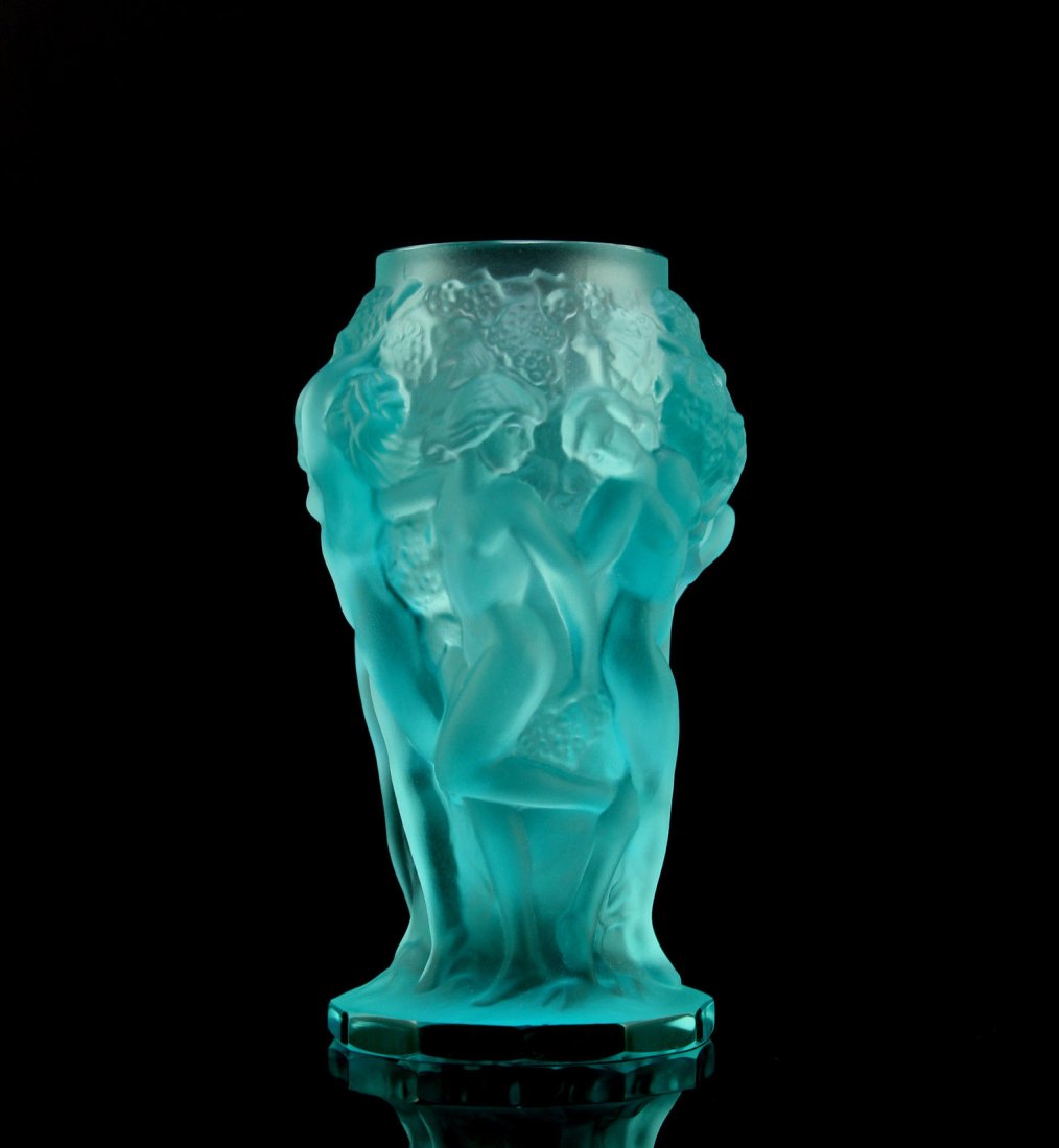 Bohemian Art Deco Aquamarin Uranium Glass Vase Nude: The design by H. Hoffman shows strong influence of French art deco style,very similar to the work of Lalique,featuring reeded and fluted sections of women dressed in flowing drapes.The Vase was made i