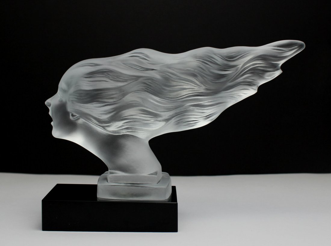 France/Bohemian Art Deco Glass Car Mascot: FROSTED GLASS CAR MASCOT ON BLACK PLINTHFrance/Bohemian Art Deco Spirit Of The Wind "Speed Girl", Product from the ORIGINAL Antique molds that was used back in 1930’ Originally made by Lalique-Spiri