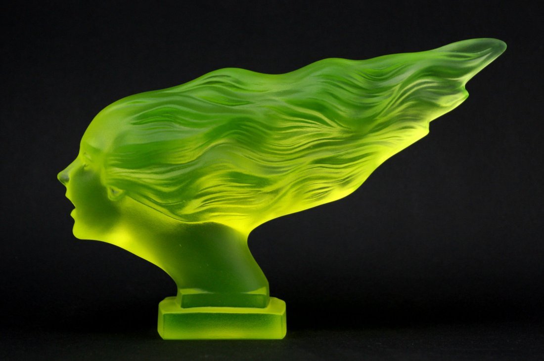 FRANCE/BOHEMIA VASELINE FROSTED GLASS CAR MASCOT: Bohemian Art Deco Vaseline Glass, handmade by bohemian craftsmen Art Deco frosted glass. This is hand made piece from Bohemia.Product from the ORIGINAL Antique molds that was used back in 1930’.Real