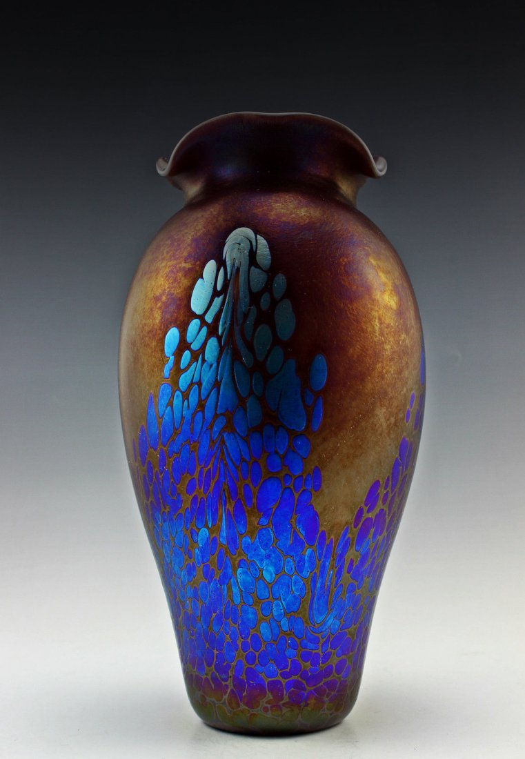 Amazing Bohemian Loetz Style Iridescent Vase: Extraordinary beautiful piece of the finest quality glass hand made in the Bohemian region of the Czech Republic in the style of Art Noveau or Art Deco.The vase is 11 1/2" ( 29 cm ) tall and approxima