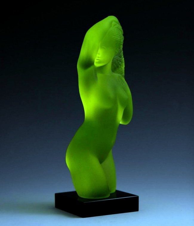 FROSTED VASELINE GLASS CAR MASCOT ON BLACK PLINTH: Product from the ORIGINAL Antique molds that was used back in 1930’s. It is BREATHTAKING high quality satin finish Vaseline Uranium glass sculpture in stylish Art Deco design.This piece is a great a