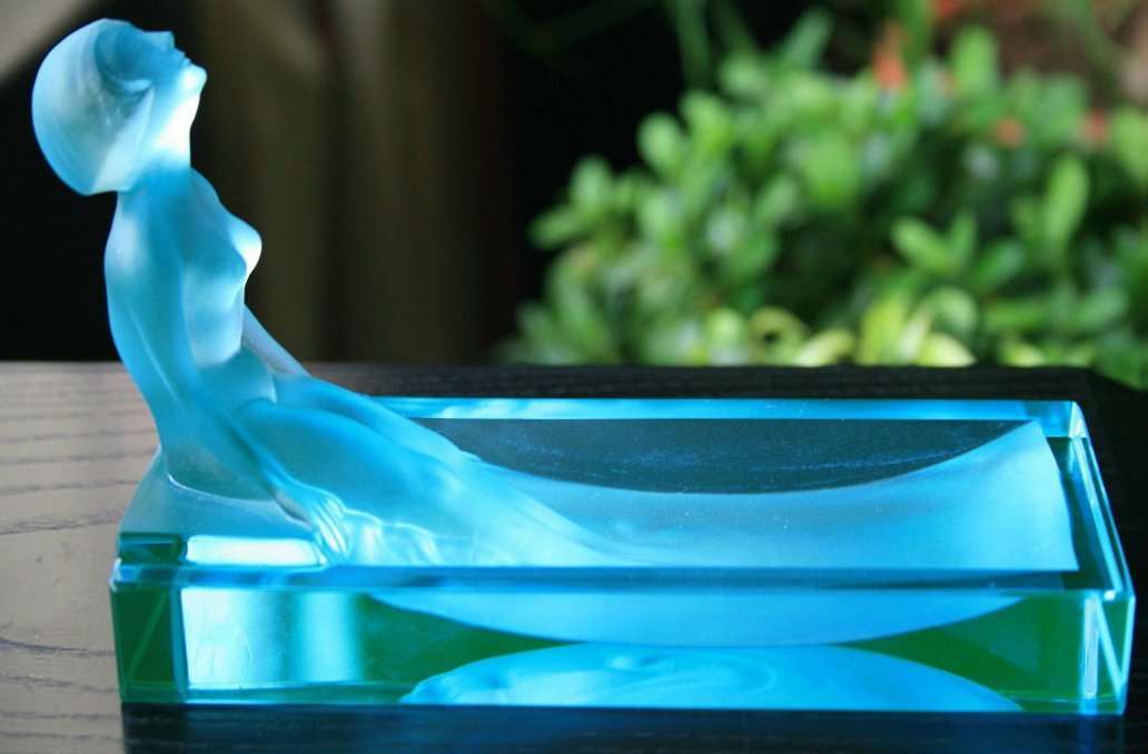 Bohemian Art Deco Aquamarine Glass H.Hoffmann: Beautiful aquamarine nude lady large pin tray.The design by H. Hoffman shows strong influence of French art deco style,very similar to the work of Lalique.Product From The ORIGINAL Molds that were use