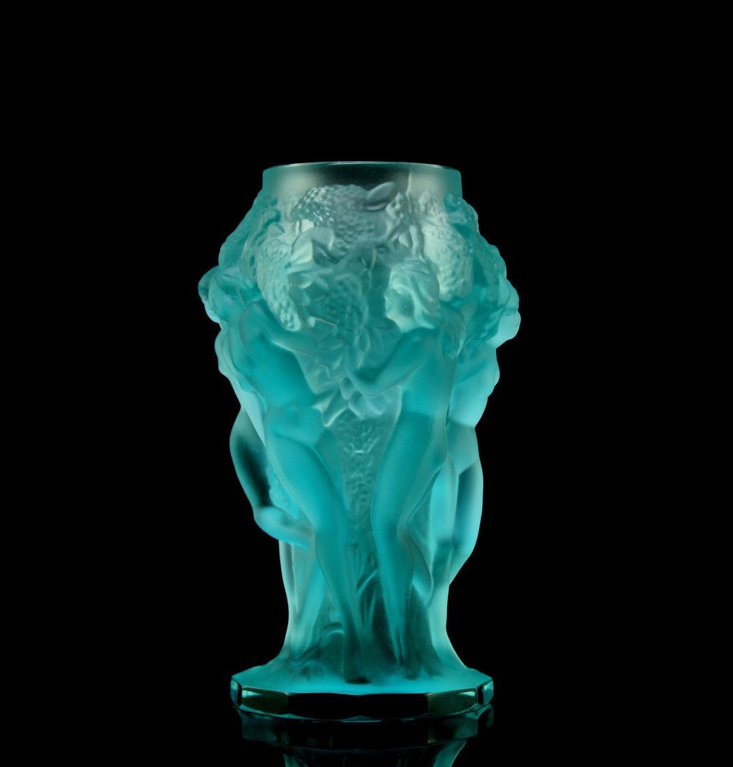 Bohemian Art Deco Aquamarin Uranium Glass Vase Nude: The design by H. Hoffman shows strong influence of French art deco style,very similar to the work of Lalique,featuring reeded and fluted sections of women dressed in flowing drapes.The Vase was made i
