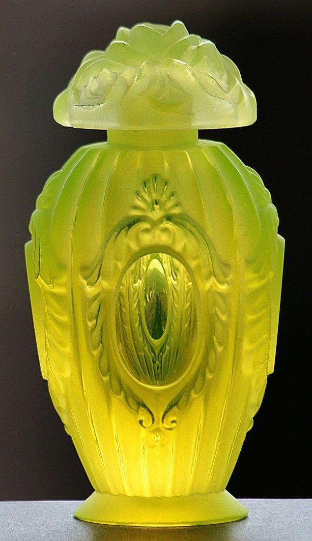 Fabulous Bohemian Art Deco Glass Perfume Bottle: Bohemian Art Deco "Perfume Bottle" handmade by bohemian craftsmen art deco frosted glass. Product from the ORIGINAL Antique molds that was used back in 1930’.Superb quality hand work, massive piece 